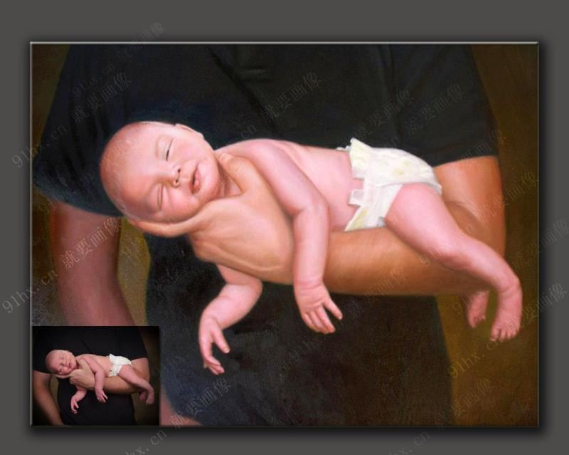 婴儿油画定制-婴儿刚出世几天的肖像油画