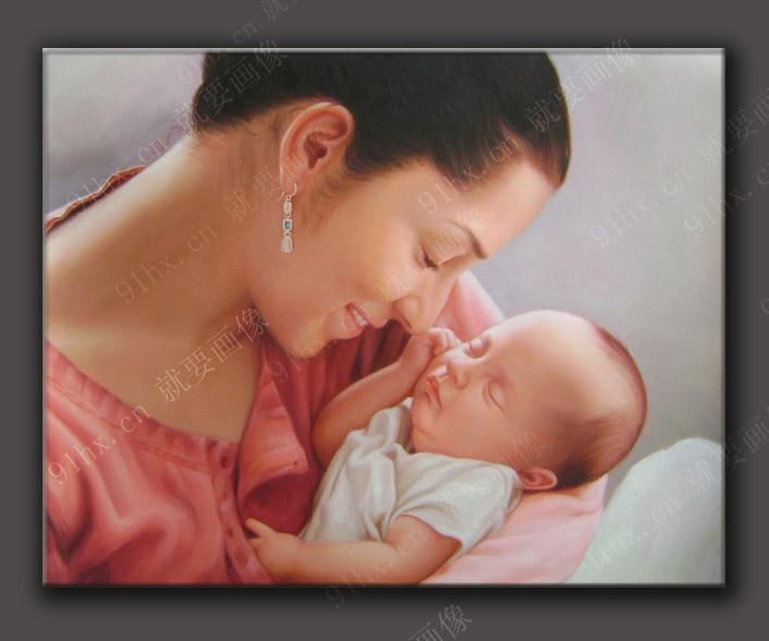 母子肖像油画定制