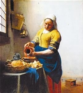 油画作品欣赏-倒牛奶的女人-维米尔
